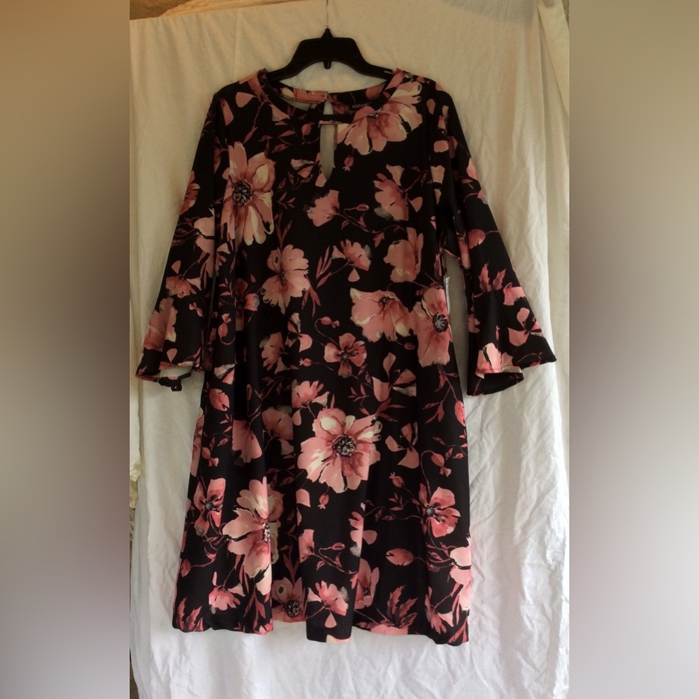 Roz & Ali Black Floral Long Sleeve Dress with Pink Flowers